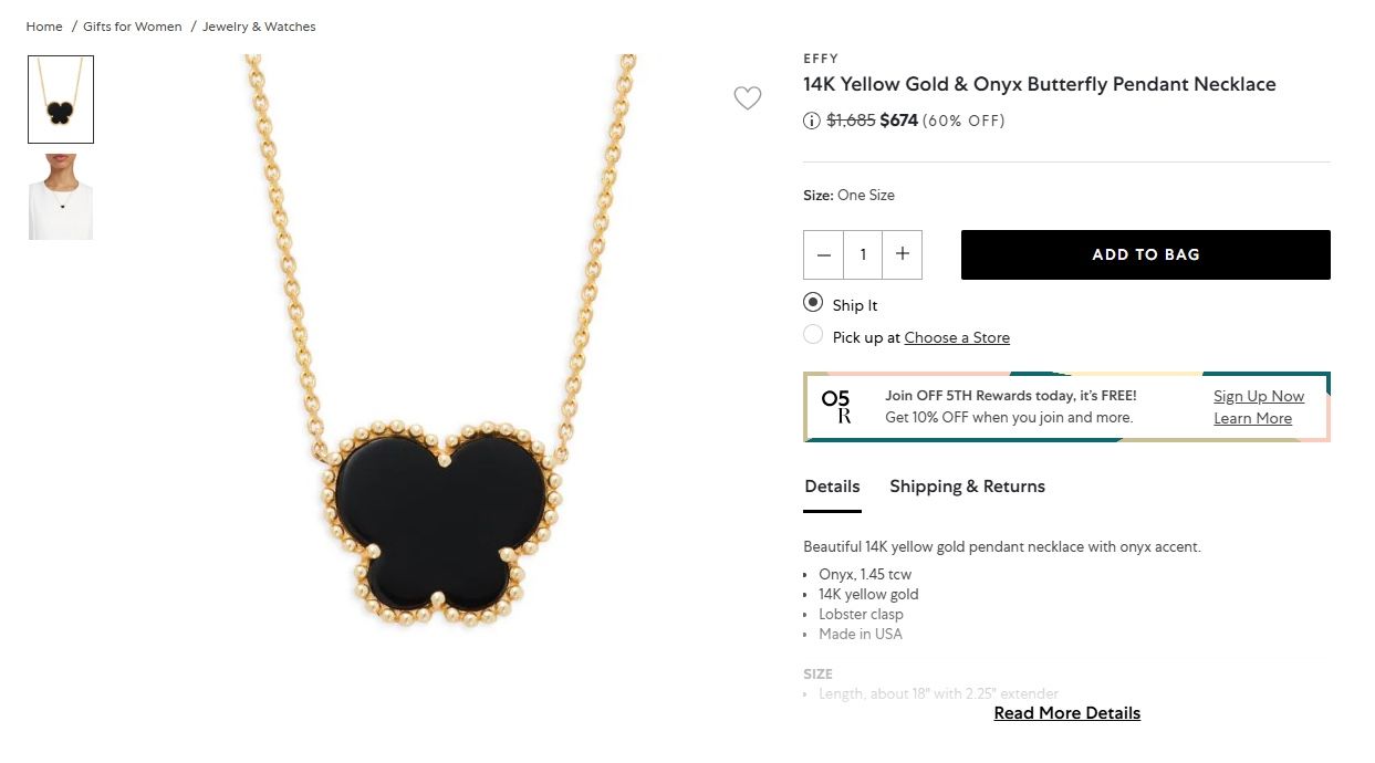 14k pure Yellow Gold Onyx Butterfly Pendant Necklace (Van cleef)