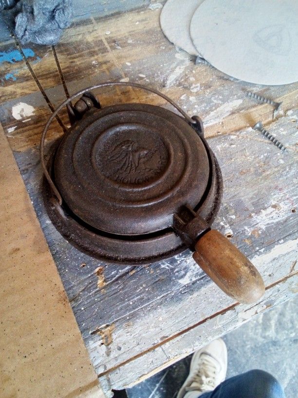 Antique Wapak Cast Iron Mini Waffle Maker with Base