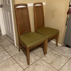 Vintage MCM Pair of Tall Cane Back Dining Chairs With Green Diamond Pattern Cloth 42” Tall