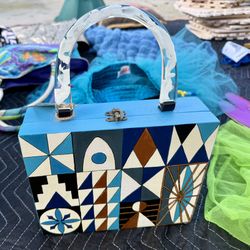 HANDPAINTED MCM MID-CENTURY MODERN RETRO WOODEN LUCITE PURSE NEW WITH TAGS MINT TIKI HANDMADE