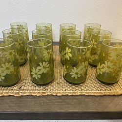 Vintage 1960s Green Floral Glass Cups Set of 12