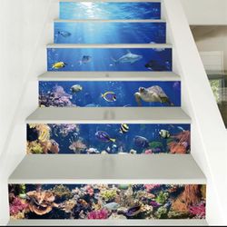 3D Sea World Fish Staircase Sticker Stair/ Step Decal Removable Floor Sticker