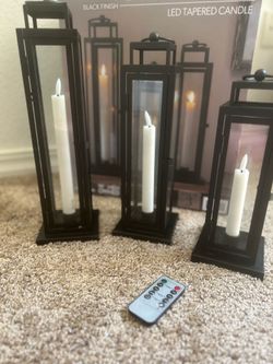 16 in. Christmas Lanterns with LED Candle, Set of 3-Black