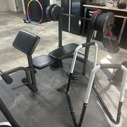Bench press set - seat, bar, 130 lbs in weight plates + Body Press Dip Bar