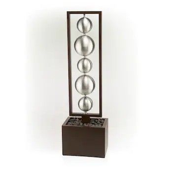 55 in. Tall Outdoor Modern Column Statue Waterfall Fountain with Stainless Steel Orbs, Silver