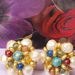 #2184, SIGNED LCI (LIZ CLAIBORNE) RARE CLUSTER MULTI STONE EARRINGS.
