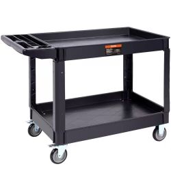 94#Utility Service Cart, 2 Shelf 550LBS Heavy Duty Plastic Rolling Utility Cart with 360° Swivel Wheels (2 with Brakes), Large Lipped Shelf, Ergonomic