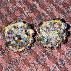 Vintage Laguna Aurora Borealis Crystal Clip Earrings, Domed Layers, 1950s  