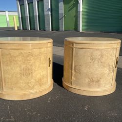 Drexel Heritage Corinthian Ash & Olive Ash Burl Side Table Cabinets 