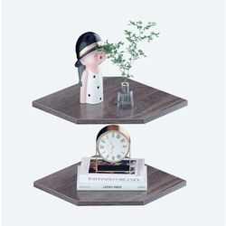 2 Tier Corner Shelf Wall Mounted 12 Inch Wooden Grey 13.3 Inch Deep.