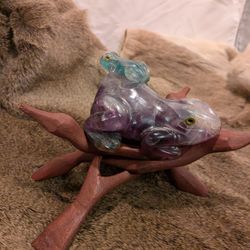 ✨ Fluorite Frog With Baby – Displayed on Hand-Carved Cobra Stand ✨