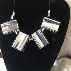 Anna Luz From Brazil Square Charm Chocker Necklace Silver Tone Adjustable 