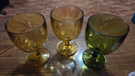 Vintage Thumbprint Glass Goblets - Set of 3 (Amber & Avocado Green)