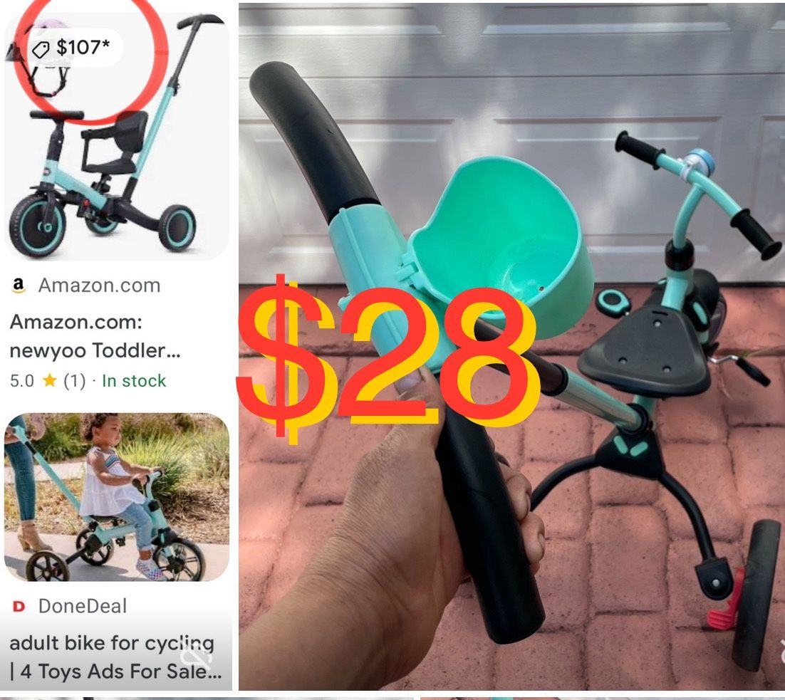 $28 Push Tricycle and Balance Bike with a adjustable push Bar in great condition like new