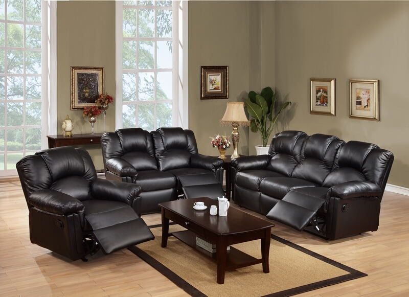Black Faux Leather Motion Sofa Set 