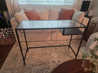 Glass Top Metal Frame Desk with Side Shelf