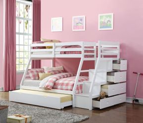White Twin Over Full Bunk Bed with Ladder & Trundle (NO CREDIT CHECK FINANCING AVAILABLE)