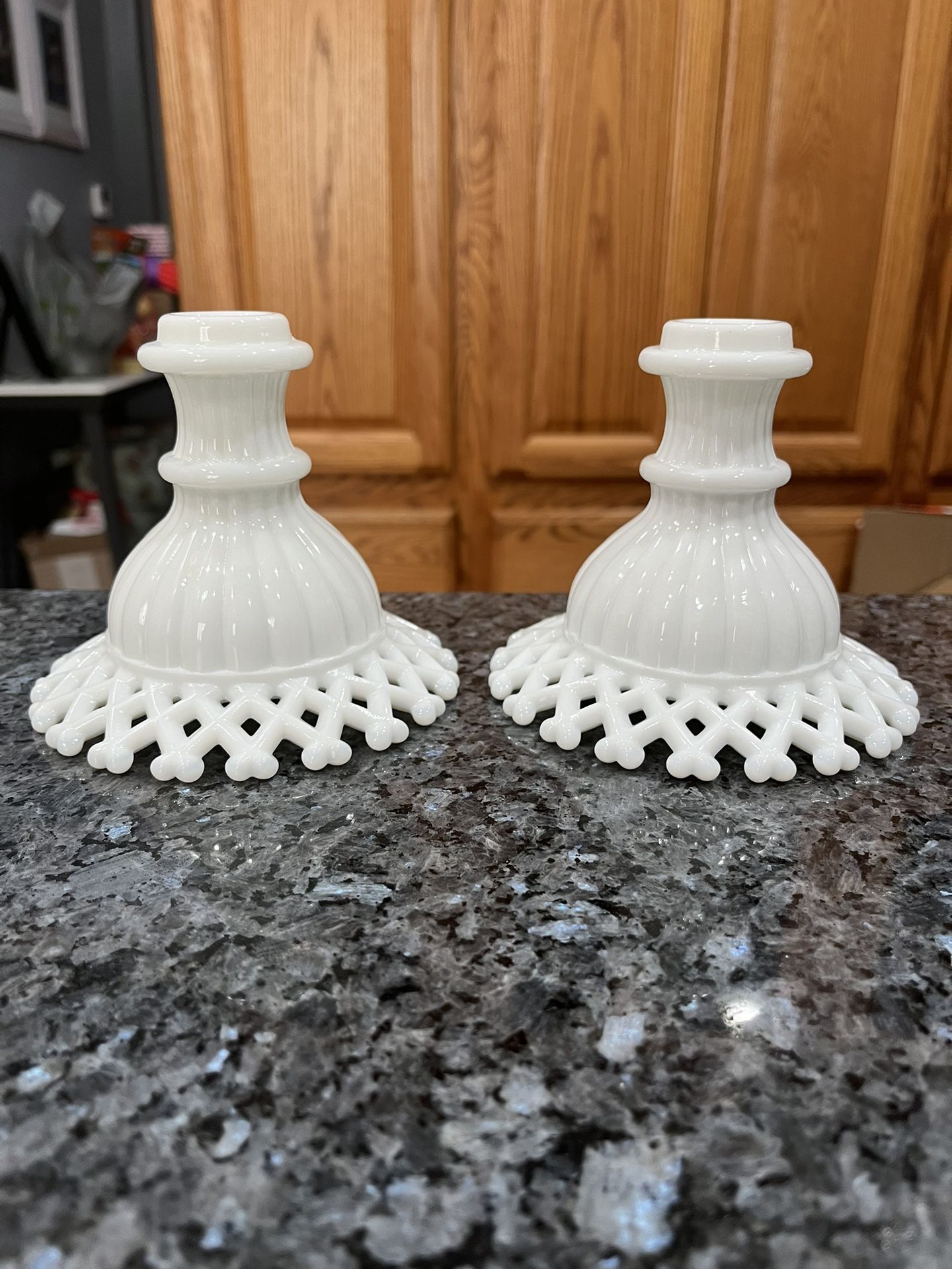 Westmoreland Lattice Edge white milk glass candle holders.  Preowned Excellent Condition 