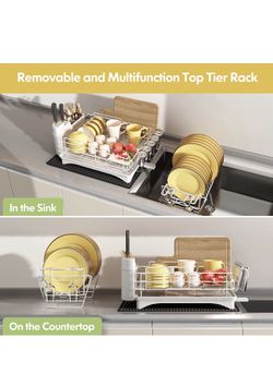 Qienrrae Large Dish Drying Rack, 2 Tier Dish Rack and Drainboard Set,  Stainless Steel Dish Drainer for Kitchen Counter with Wine Glass Holder,  Utensil