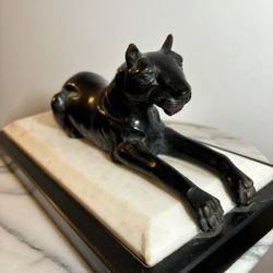 Vintage Bombay Bronze Black Panther On Marble Base From India (L 15”)