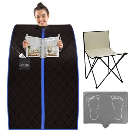 SereneLife Portable Sauna Box for Home, Infrared Sauna Tent with Heated Foot Pad and Folding Chair, Remote Control In-Home Spa, 38" x 32” - (Black)