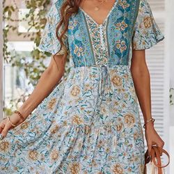 Floral Bohemian Maxi Dress - Teal and Cream 8