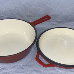 Bruntmor 2 in 1 Enameled cast iron pot with lid, 3QT Cast Iron Dutch Oven & Skillet Combo