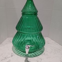 "Holiday Time" Green Glass Christmas Tree Beverage Dispenser 