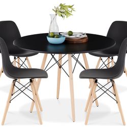  5-Piece Dining Set, Compact Mid-Century Modern Table & Chair Set for Home, Apartment w/ 4 Chairs, Plastic Seats, Wooden Legs, Metal Frame - Black/Oak