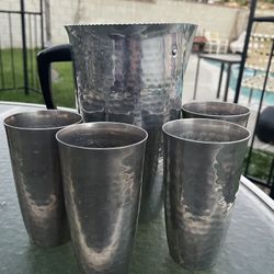 Mid Century Hammered Aluminum Metal Pitcher & Cups, Set of 5