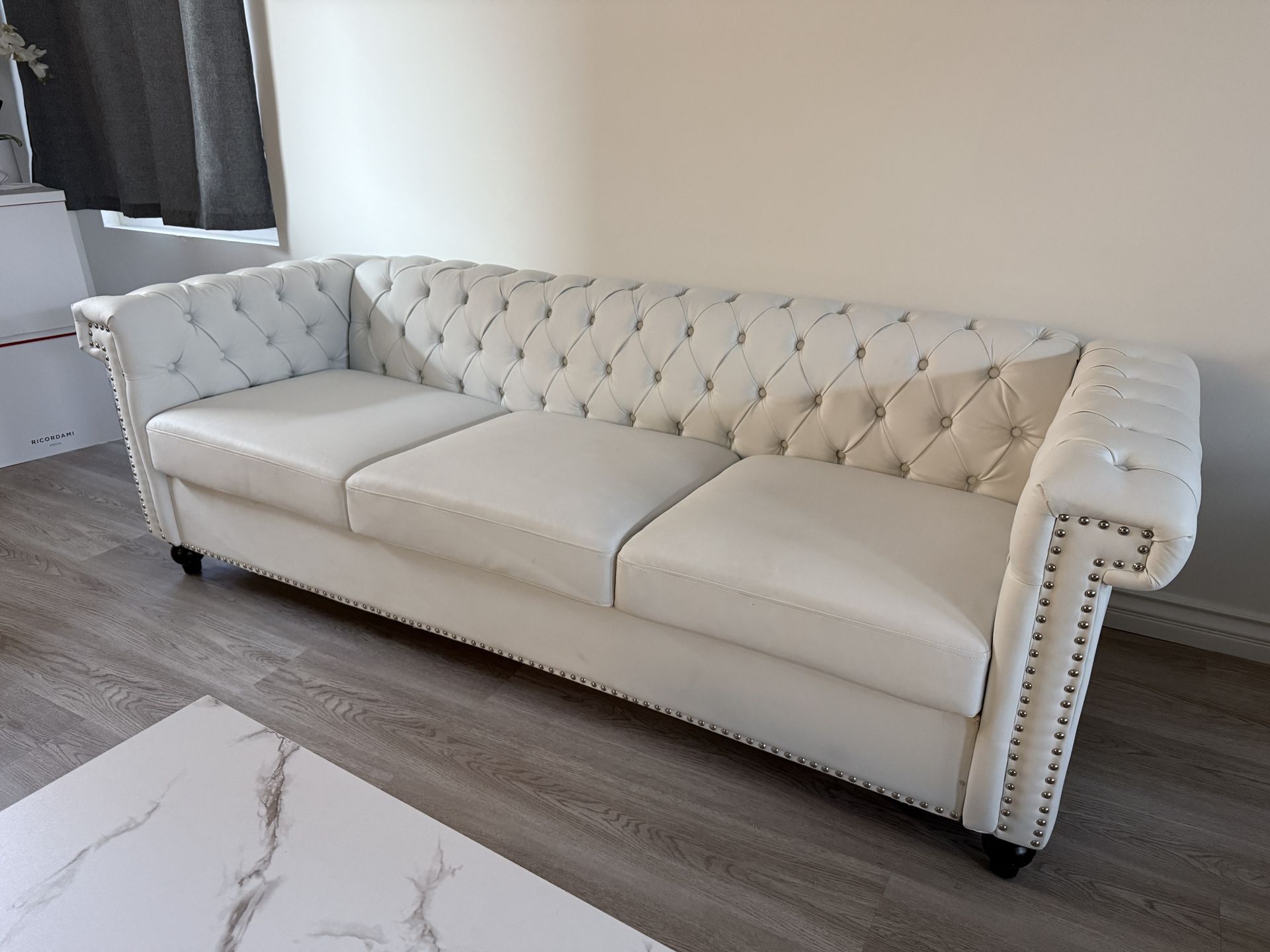 White Luxury Leather Tufted Couch - 3 Person Sofa