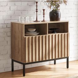Norwin Cabinet, Modern Industrial Farmhouse Entryway Accent Buffet Cabinet, Sideboard, with Metal Legs, Storage Shelves, Fluted Panel Doors, & Leveler