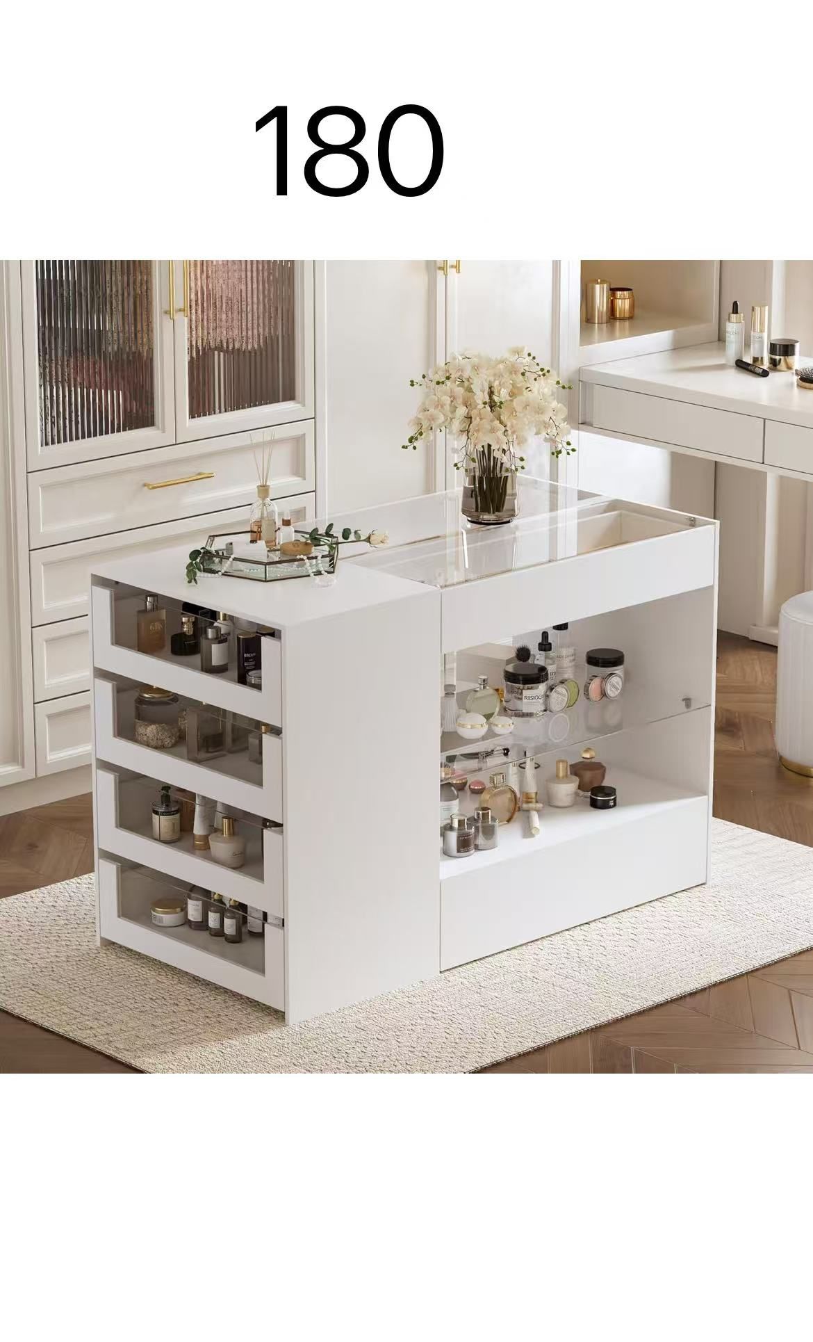 🔥Closet Island with Glass Top & 8 Drawers for Walk in Closet, Jewelry Display Cabinet Island with Glass Shelf, for Store Dressing Room Shop, 47.2”W x