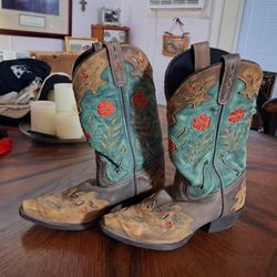 Laredo Miss Kate women's cowboy boots in brown leather with teal and red floral stitching details. 