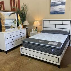 4 PCS QUEEN BEDROOM SET: QUEEN BED FRAME, NIGHTSTAND, DRESSER, MIRROR