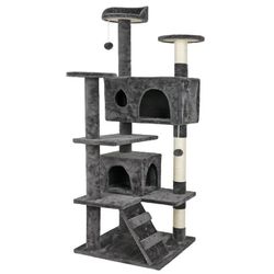 54 Inch Cat Tree, Indoor Cat Tower Condo, Multi-Level Cat House with Sisal-Covered Scratching Post + 2 Play House, Pet Cat Furniture, Grey