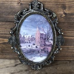 Vintage European Winter Village Art Print in Italian Brass Frame (8” x 5.75”)