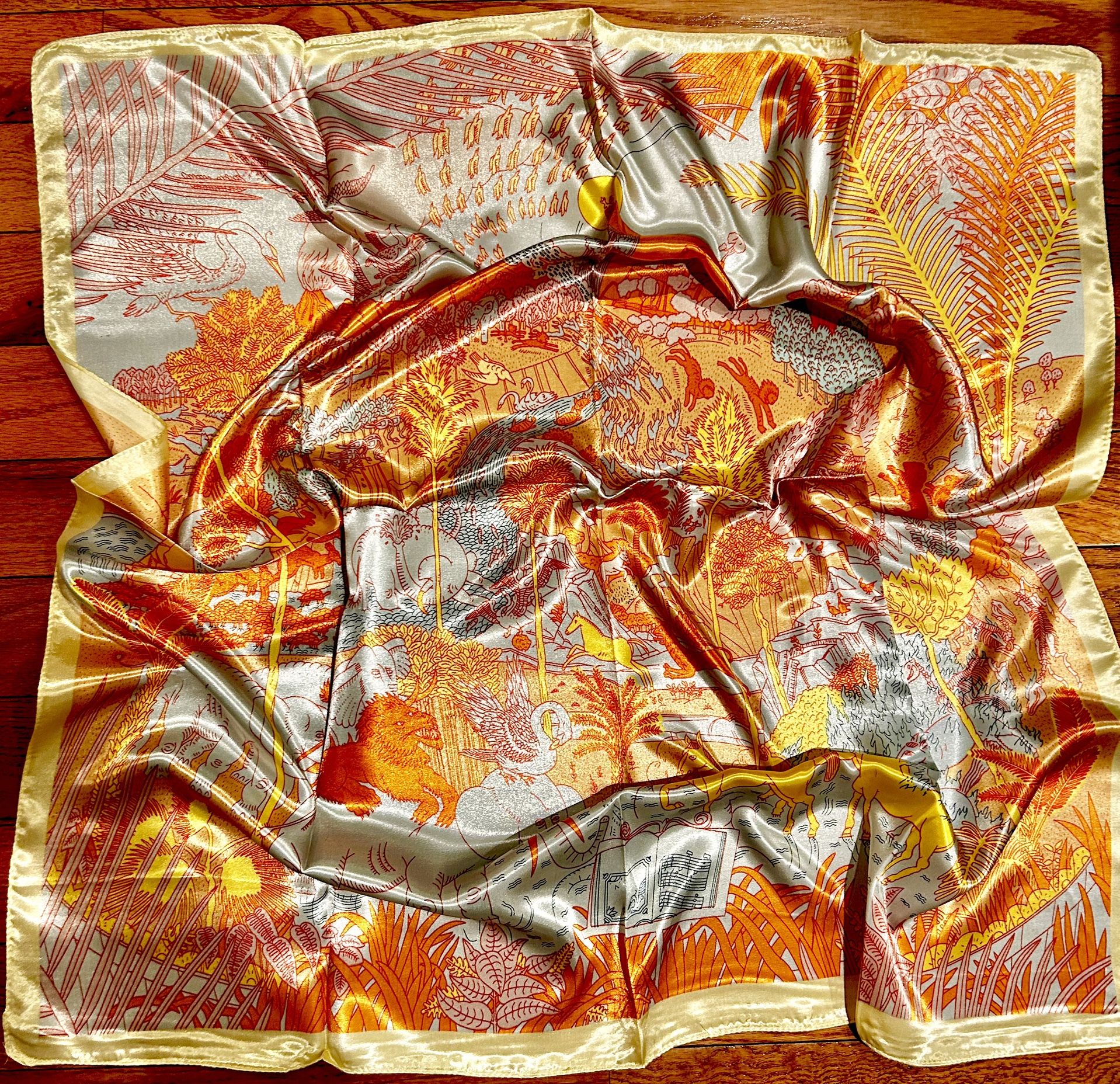 VINTAGE multicolored Jungle Animals Themed print oversized silky scarf 35/35