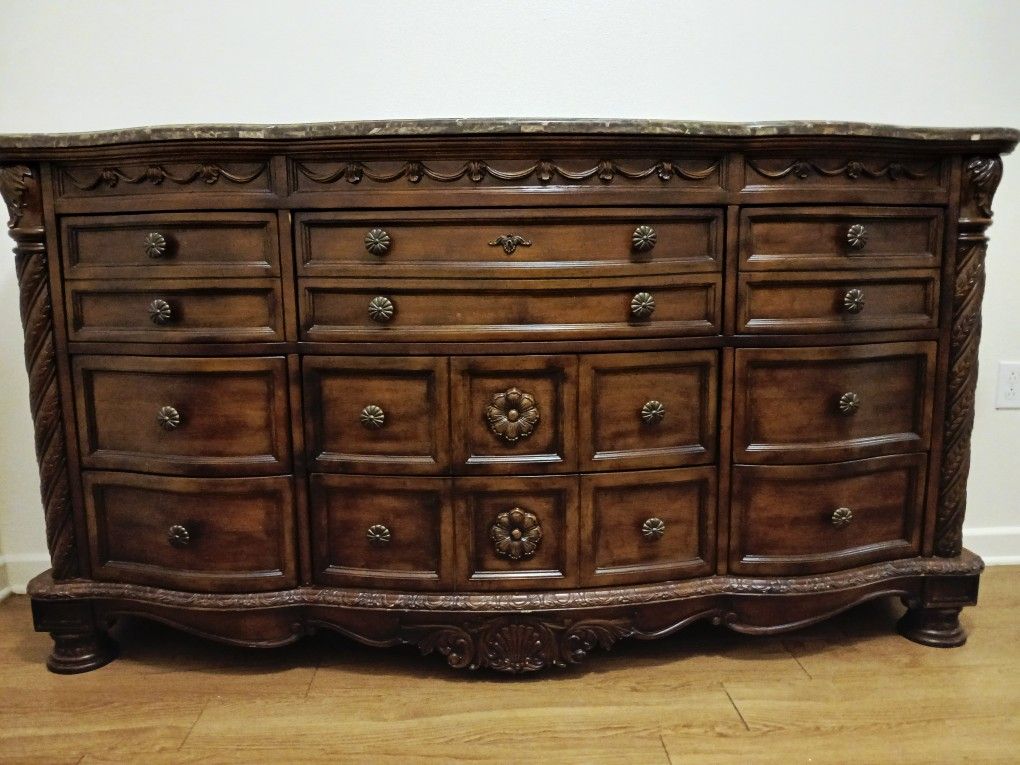 Antique Wood Carved Marble Topped Dresser With Mirror - Pick Up Only