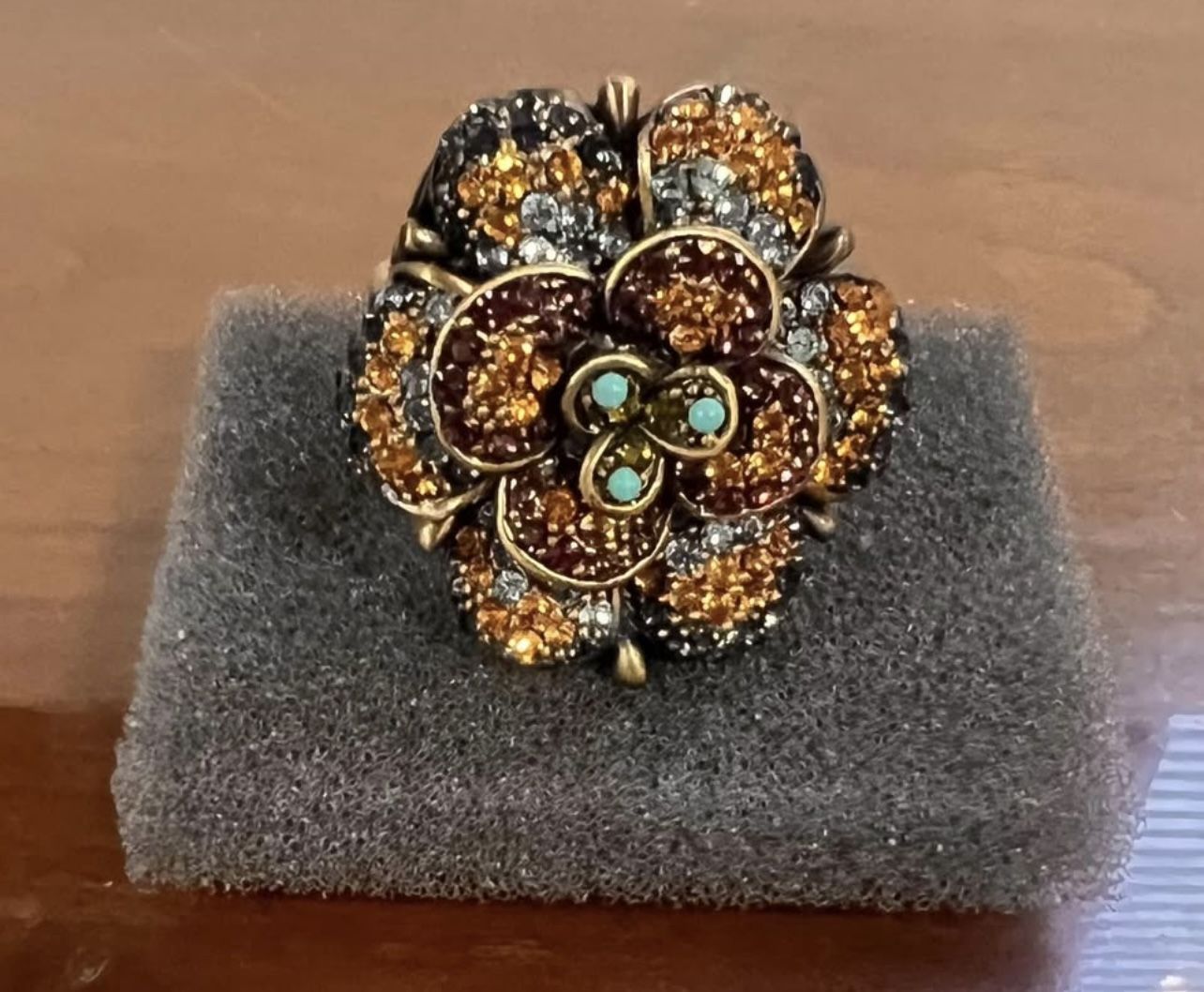 Heidi Daus Multicolor Crystal Brass Floral Design Statement Cocktail Ring Size 8