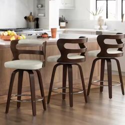 Arabela 26 in. Beige Gray Solid Wood Swivel Bar Stool Faux Leather Kitchen Counter Stool with Walnut Frame Set of 3