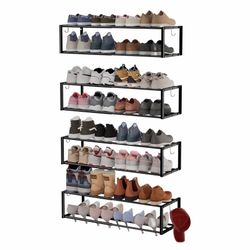 4 Pack Expandable Wall Mounted Shoe Rack, 17"-31" Adjustable Hanging Shoe Rack Holds 32 Pairs, Heavy Duty Metal Shoe Holder with 8 Storage Hooks, Spac