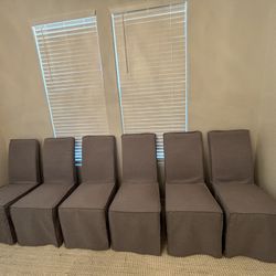 6 Grey Linen Slip Covered Dining Chairs 