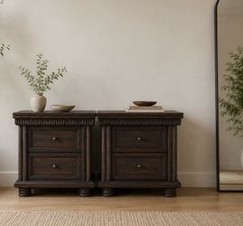 newly refinished solid wood and rattan dark walnut pair of nightstands 2