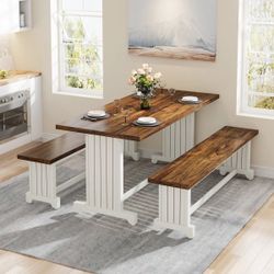 Farmhouse Dining Table Set, 47" Kitchen Table With 2 Benches