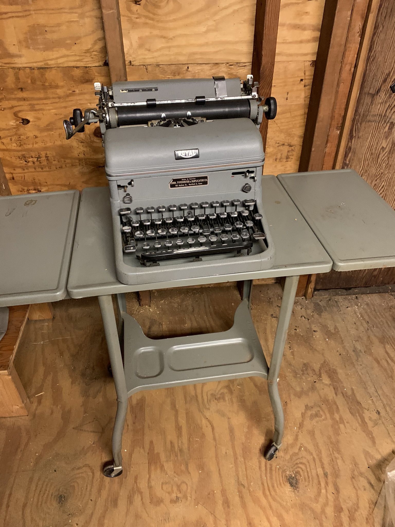 Typewriter With Rolling Stand And Cover Antique
