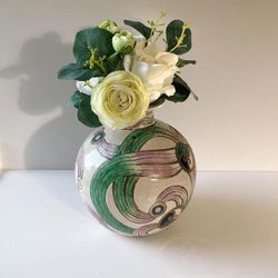Vintage Pastel Hued Hand Painted Vase.(Flowers not included. Asian Style Decor Boho 