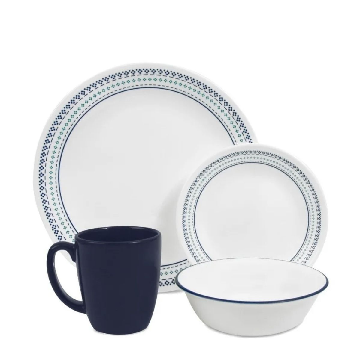 Corelle Livingware Folk Stitch Dinnerware 15 Pc Set Plates, Bowls, Mugs, Desser