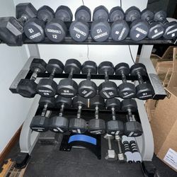 Ivanko Commercial Rubber Hex Dumbbell Set w/ Rack (5–40 lb) – Like New. $1700 OBO.