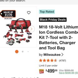 M18 18-Volt Lithium-lon Cordless Combo Kit 7-Tool with 2-Batteries, Charger and Tool Bag